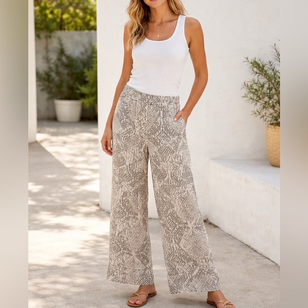 Match Point Linen Raw Hem Wide Leg Pull On Pants Size Small